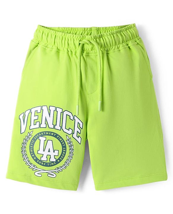 Pine Kids Looper Knit Above Knee Length Shorts With Text Print - Limegreen