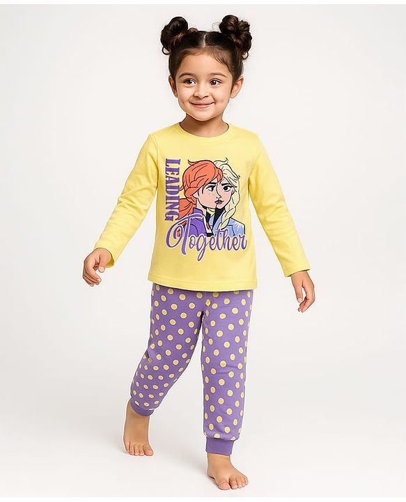 Babyhug Disney Single Jersey Knit Full Sleeves Night Suit With Frozen Elsa & Anna Graphic - Purple & Yellow
