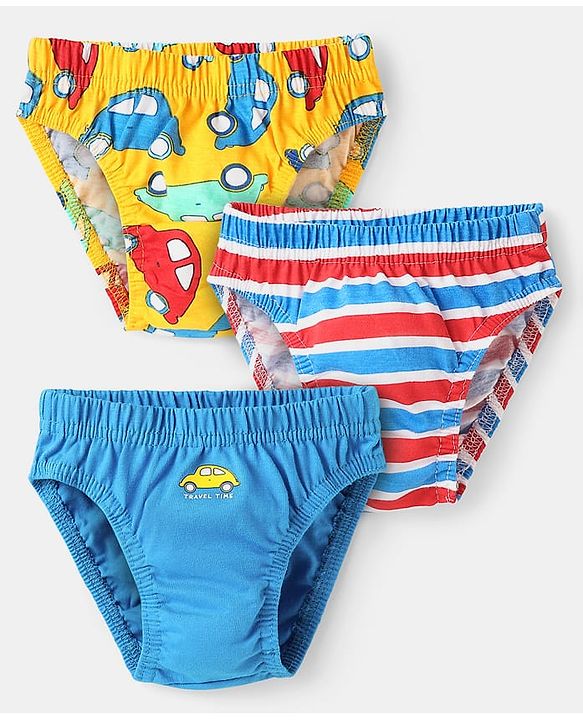 Babyhug 100% Cotton Single Jersey Knit Antibacterial Briefs With Striped & Vehicle Print Pack Of 3 - Blue Red & Yellow