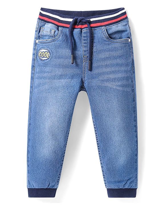 Babyhug Full Length Washed Denim Jeans With Stretch & Text Embroidery - Light Blue