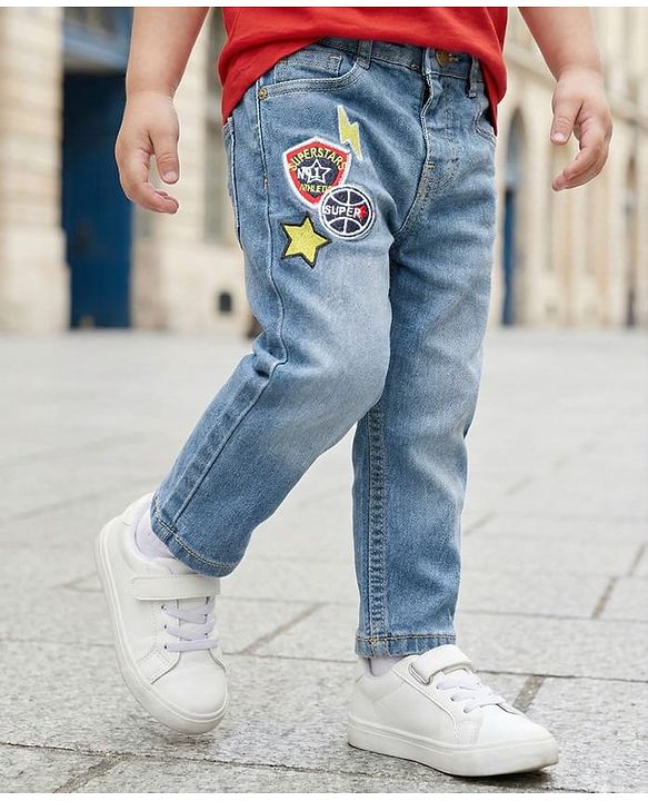 Babyhug Full Length Washed Denim Jeans with Embroidery - Light Blue
