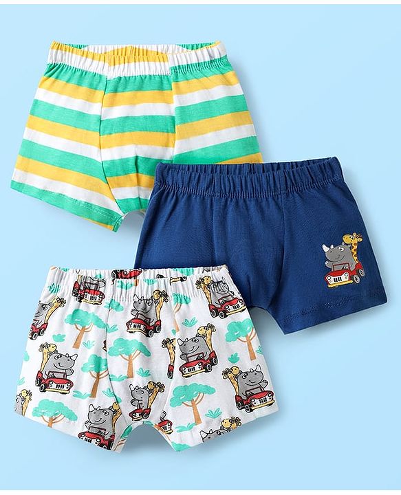 Babyhug 100% Cotton Single Jersey Knit Antibacterial Trunk With Stripes & Animal Print Pack Of 3 - Navy Blue Green & White