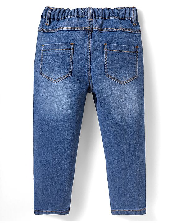 Babyhug Full Length Washed Denim Jeans with  Stretch & Floral Embroidery - Blue