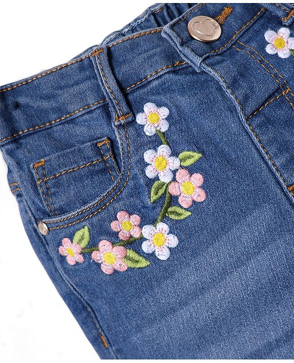 Babyhug Full Length Washed Denim Jeans with  Stretch & Floral Embroidery - Blue