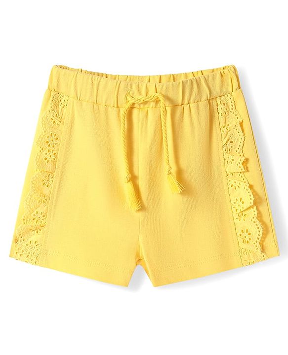 Babyhug Cotton Knit Mid Thigh Length Cut & Sew Shorts with Lace Detailing - Yellow