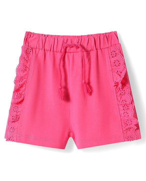Babyhug Cotton Knit Mid Thigh Length Cut & Sew Shorts with Lace Detailing - Dark Pink