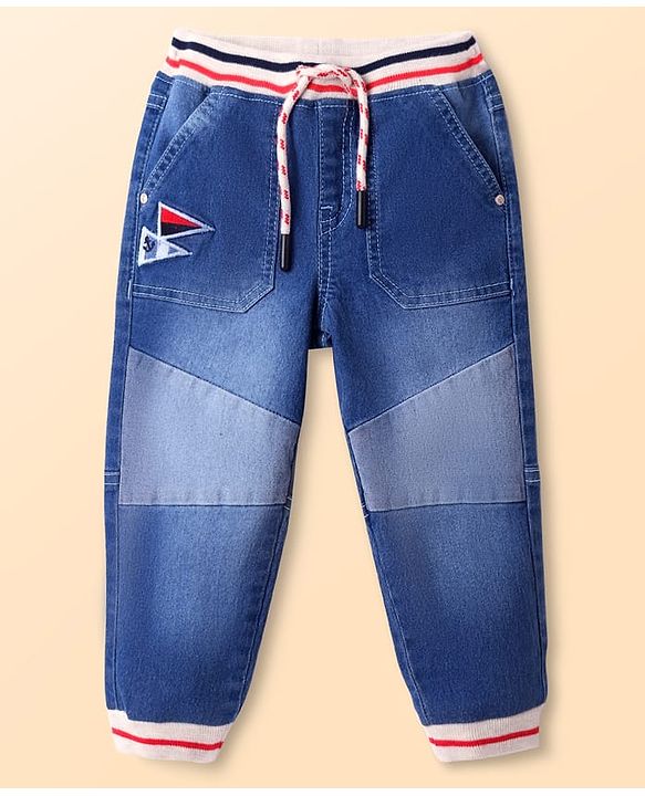 Babyhug Denim Full Length Washed Jeans With Stretch and Patch Embroidery - Blue