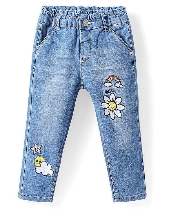 Babyhug Full Length Washed Denim Jeans with Stretch & Sun Embroidery - Light Blue