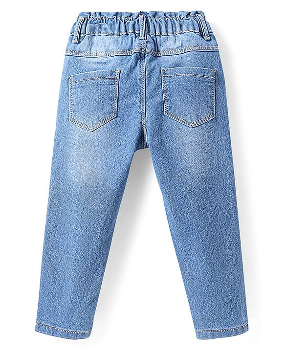 Babyhug Full Length Washed Denim Jeans with Stretch & Sun Embroidery - Light Blue