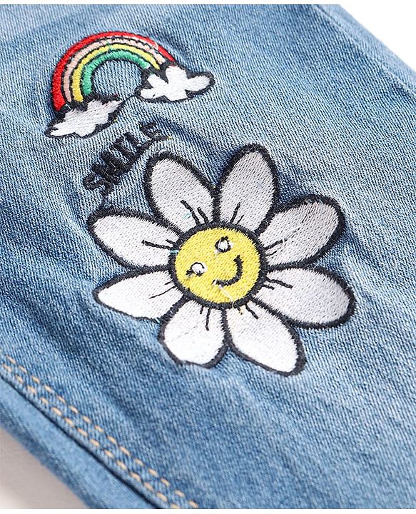 Babyhug Full Length Washed Denim Jeans with Stretch & Sun Embroidery - Light Blue