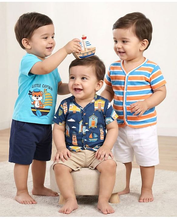 Babyhug 100% Cotton Interlock Knit Front Open Half Sleeves Vests With Stripes & Beach Theme Pack Of 3 - Navy Blue Light Blue & Orange