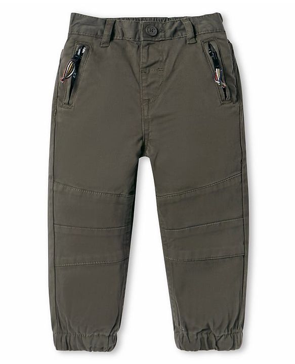 Babyhug Cotton Lycra Woven Full Length Solid Trouser With Stretch - Olive