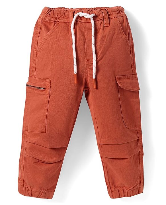 Babyhug Cotton Lycra Woven Full Length Solid Trouser With Stretch & Cargo Pockets - Dark Orange