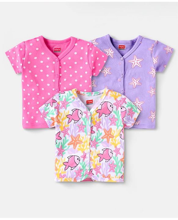 Babyhug 100% Cotton Knit Half Sleeves Antibacterial Front Open Vests with Polka Dots & Fish Print Pack of 3 - Dark Pink Purple & White