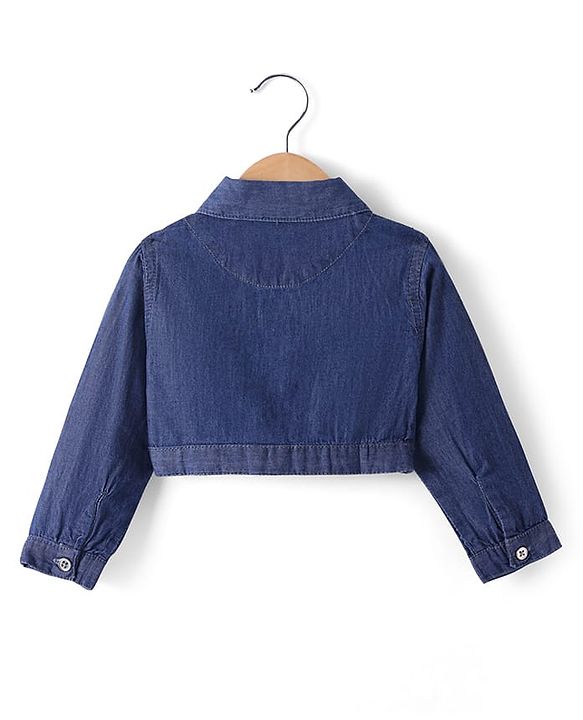 Babyhug Cotton Woven Checkered Frock & Full Sleeves Jacket with Floral Embroidery - Blue