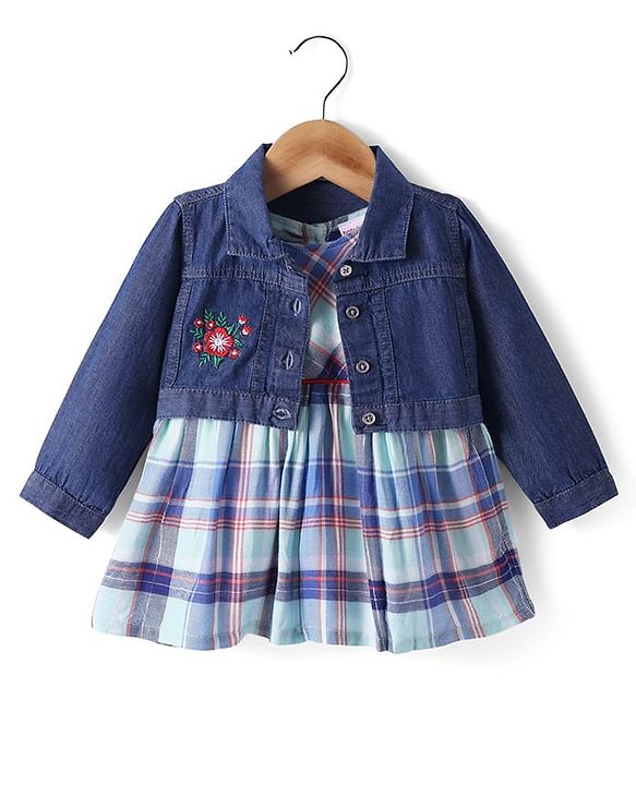 Babyhug Cotton Woven Checkered Frock & Full Sleeves Jacket with Floral Embroidery - Blue