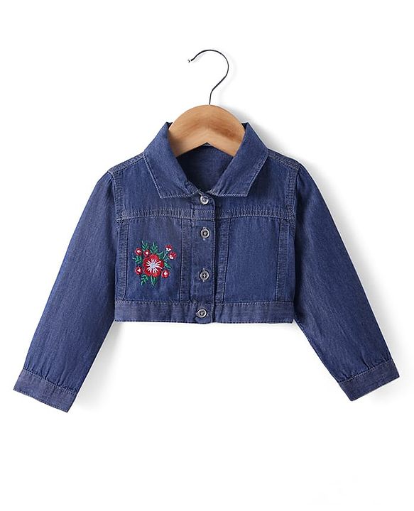 Babyhug Cotton Woven Checkered Frock & Full Sleeves Jacket with Floral Embroidery - Blue