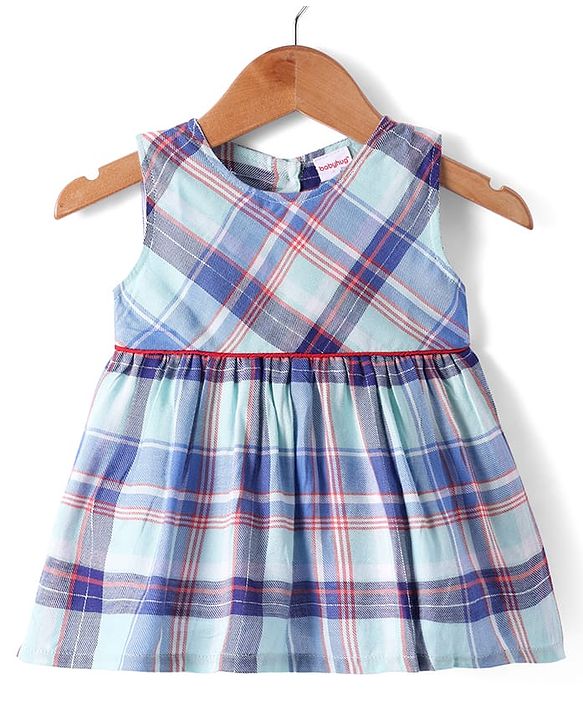 Babyhug Cotton Woven Checkered Frock & Full Sleeves Jacket with Floral Embroidery - Blue