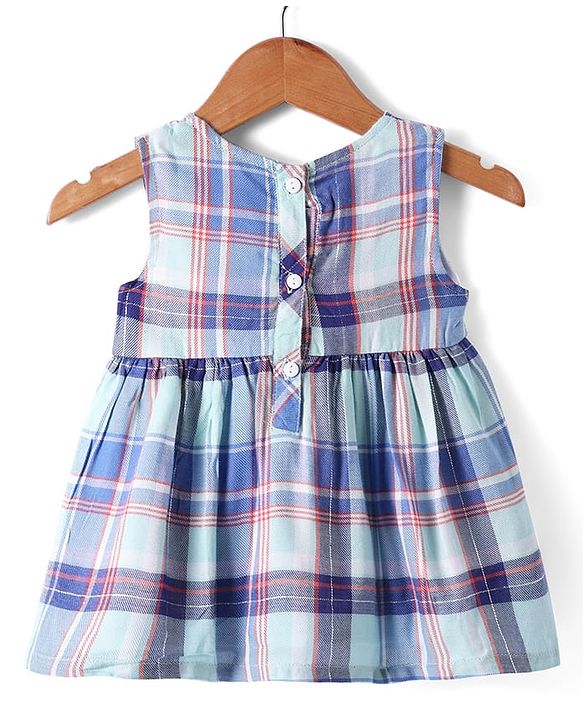 Babyhug Cotton Woven Checkered Frock & Full Sleeves Jacket with Floral Embroidery - Blue
