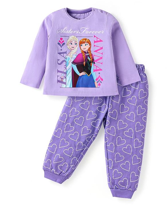 Babyhug Disney Single Jersey Knit Full Sleeves Night Suit With Frozen Elsa & Anna Graphic - Purple