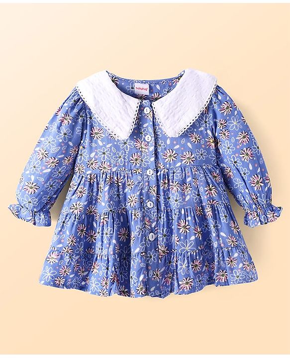Babyhug Cotton Woven Full Sleeves Peter Pan Collared Front Open Frock with Floral Print - Blue