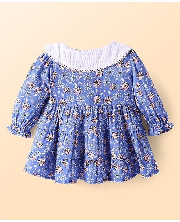 Babyhug Cotton Woven Full Sleeves Peter Pan Collared Front Open Frock with Floral Print - Blue