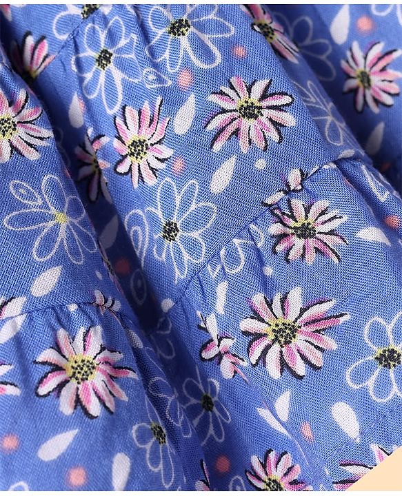Babyhug Cotton Woven Full Sleeves Peter Pan Collared Front Open Frock with Floral Print - Blue