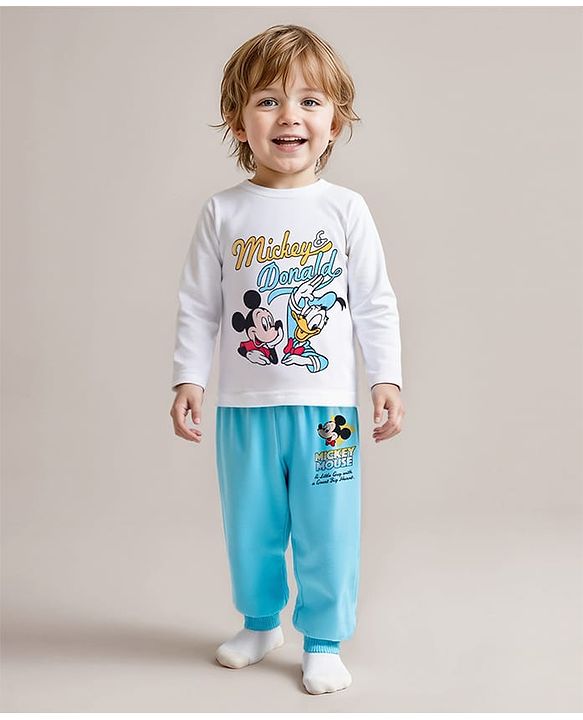Babyhug Disney Single Jersey Knit Full Sleeves Night Suit With Mickey Mouse Graphic - Light Blue & White