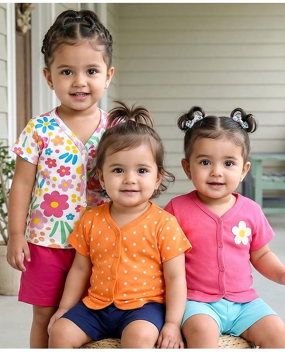 Babyhug Interlock Knit Half Sleeves Antibacterial Front Open Vests With Polka Dots & Floral Print Pack Of 3 - Orange Pink & White