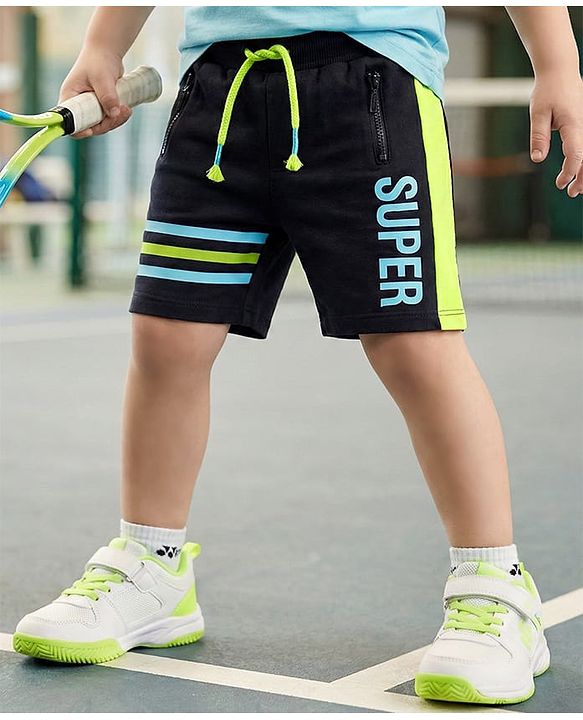 Babyhug Cotton Knit Mid Thigh Length Cut & Sew Shorts with Text Print & Stripes - Black