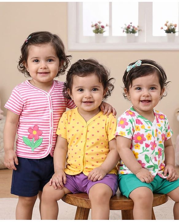 Babyhug Interlock Knit Half Sleeves Front Open Antibacterial Vests With Stripes Floral & Heart Print Pack Of 3 - Pink Yellow & White