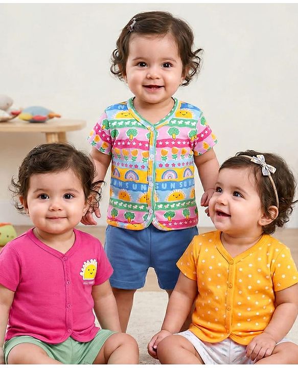 Babyhug Interlock Knit Half Sleeves Antibacterial Open Vest With Polka & Floral Print Pack Of 3 - Yellow & Pink