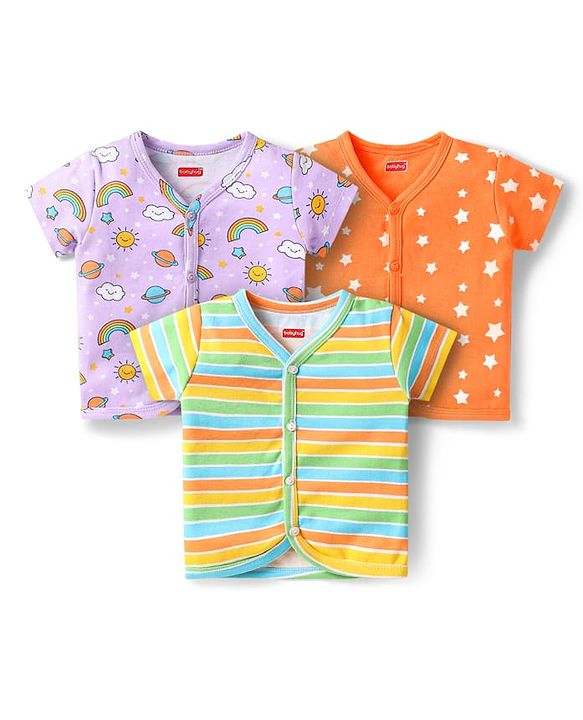 Babyhug 100% Cotton Interlock Knit Half Sleeves Antibacterial Vests With Rainbow Striped & Star Print Pack Of 3 - Orange Purple & Yellow