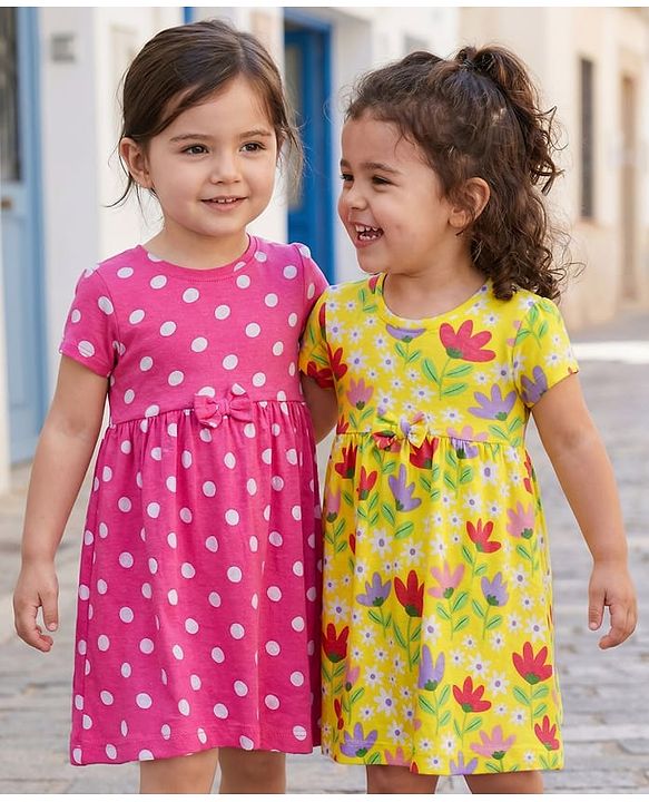 Babyhug Single Jersey Knit Half Sleeves Anti Bacterial Frocks with Heart & Bunny Print  Pack of 2 - Dark Pink & Yellow