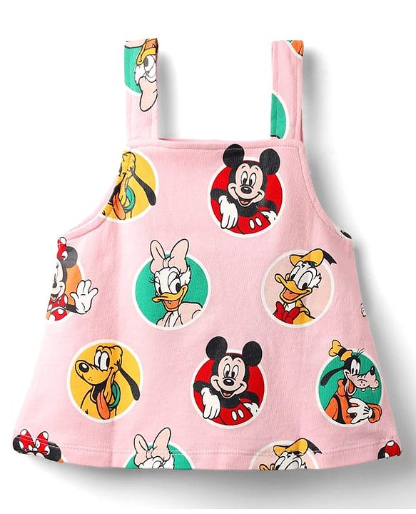 Babyhug Disney Single Jersey Knit  Sleeveless T-Shirt With Frock & Minnie & Friends Graphic & Frill Detailing - Pink