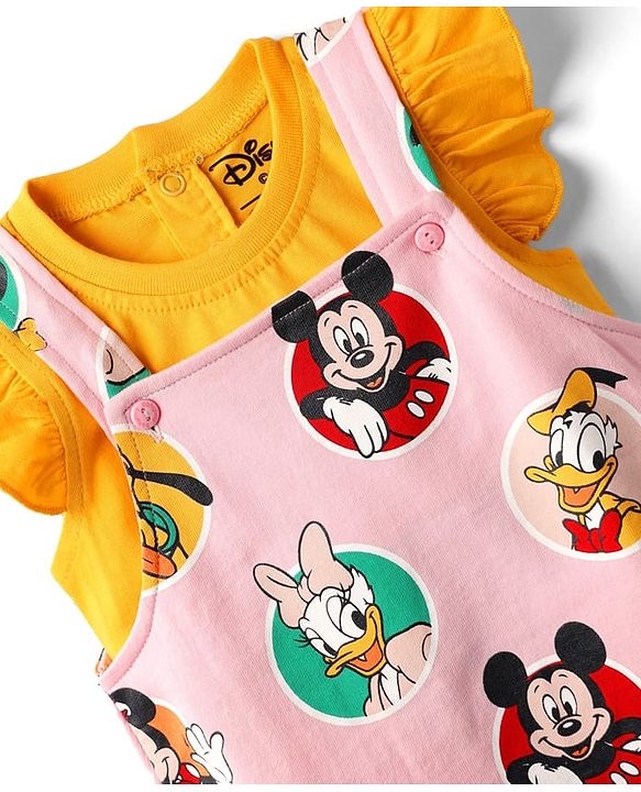 Babyhug Disney Single Jersey Knit  Sleeveless T-Shirt With Frock & Minnie & Friends Graphic & Frill Detailing - Pink