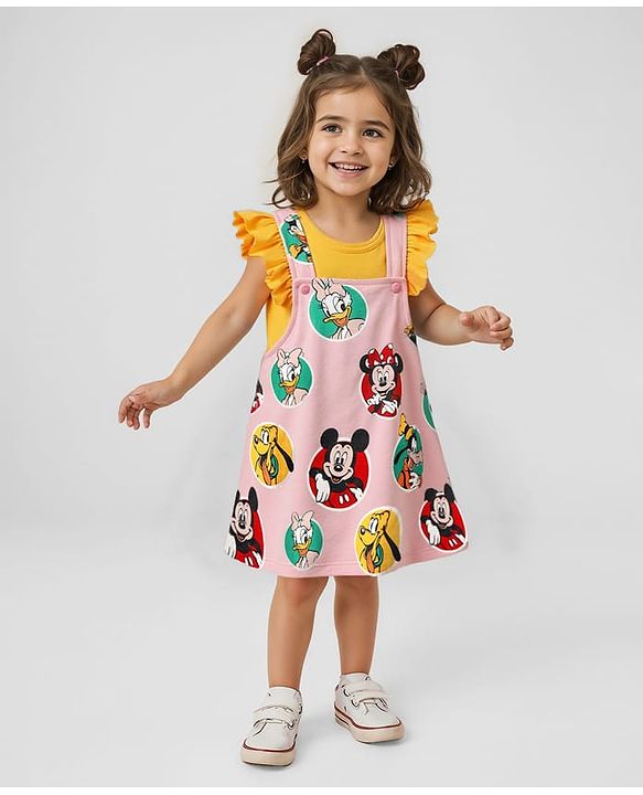 Babyhug Disney Single Jersey Knit  Sleeveless T-Shirt With Frock & Minnie & Friends Graphic & Frill Detailing - Pink