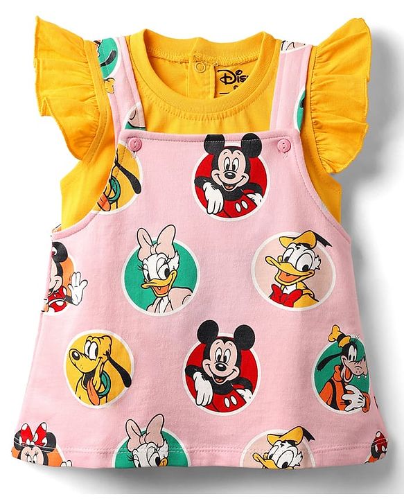 Babyhug Disney Single Jersey Knit  Sleeveless T-Shirt With Frock & Minnie & Friends Graphic & Frill Detailing - Pink