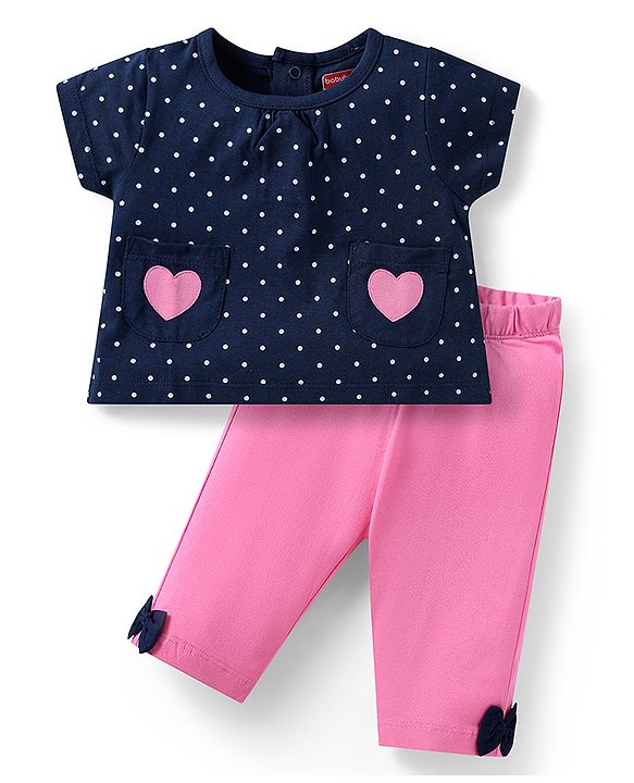 Babyhug Cotton Knit Half Sleeves Night Suit with Utility Pockets & Bow Applique Heart & Polka Dots Print - Blue & Pink