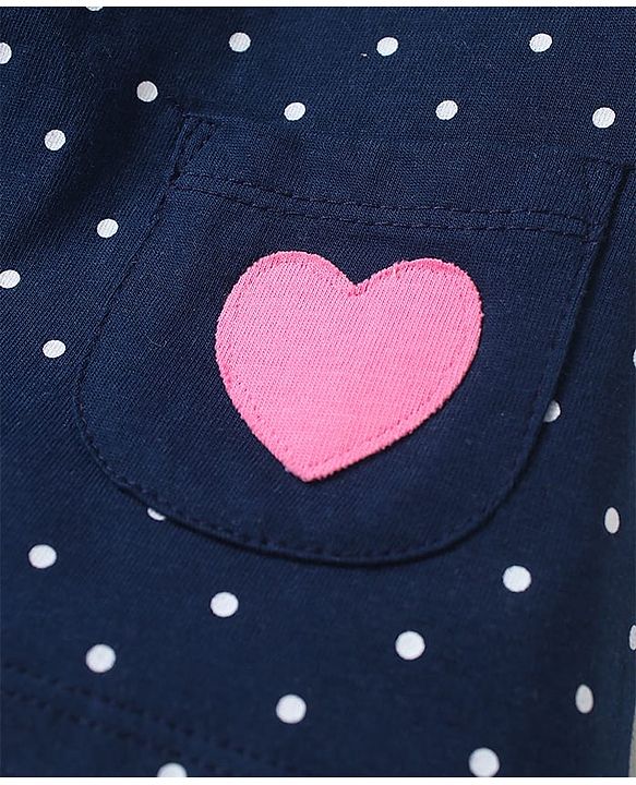 Babyhug Cotton Knit Half Sleeves Night Suit with Utility Pockets & Bow Applique Heart & Polka Dots Print - Blue & Pink