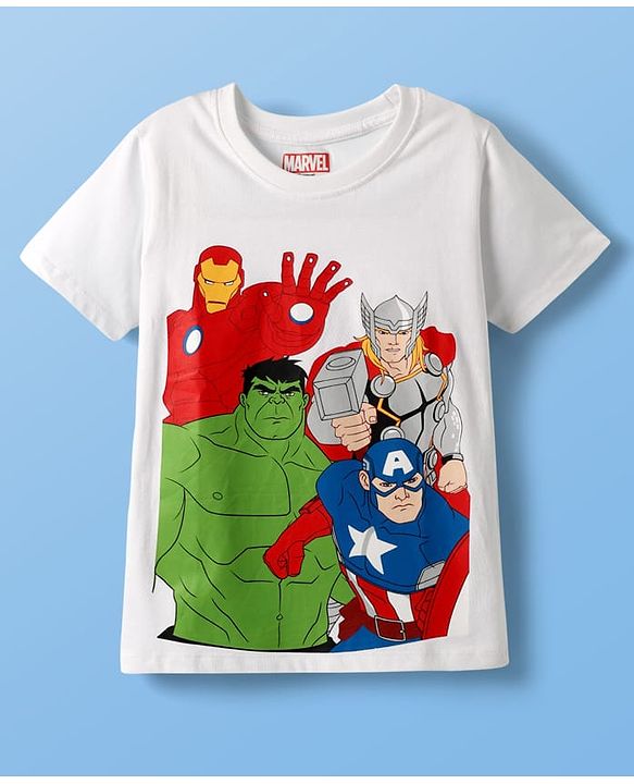 Pine Kids Marvel Single Jersey Knit Half Sleeves T-Shirt with Front & Back Avengers Graphics - White