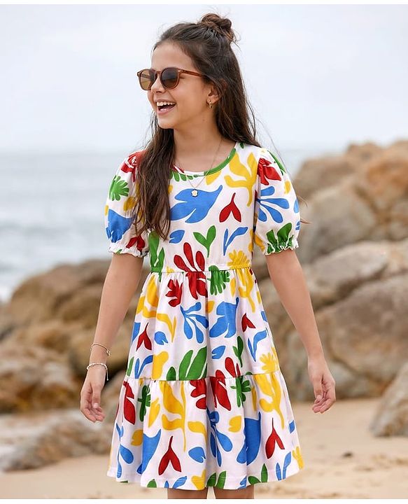 Pine Kids Cotton Knit Half Puffed Sleeves Dress with Leaves Print - White