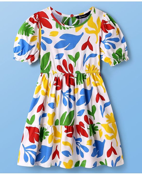 Pine Kids Cotton Knit Half Puffed Sleeves Dress with Leaves Print - White