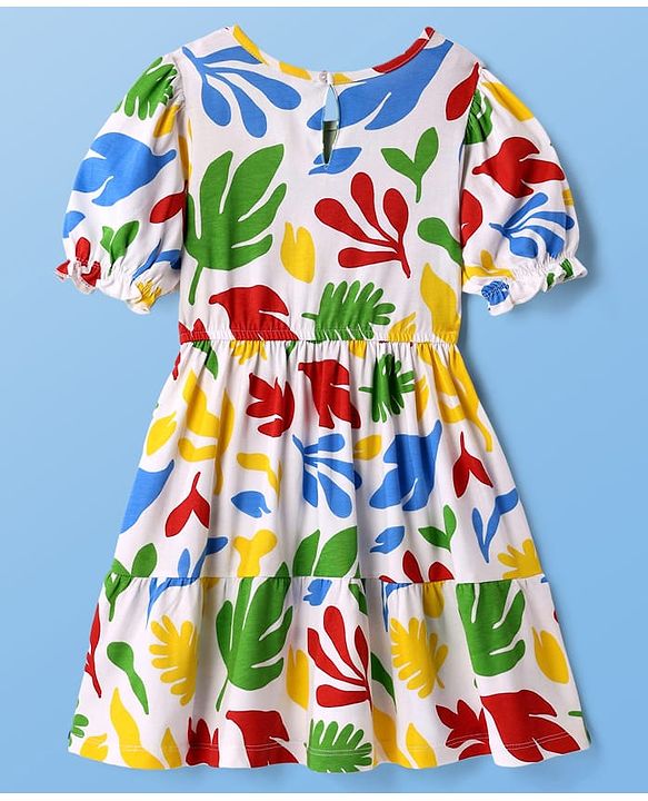Pine Kids Cotton Knit Half Puffed Sleeves Dress with Leaves Print - White