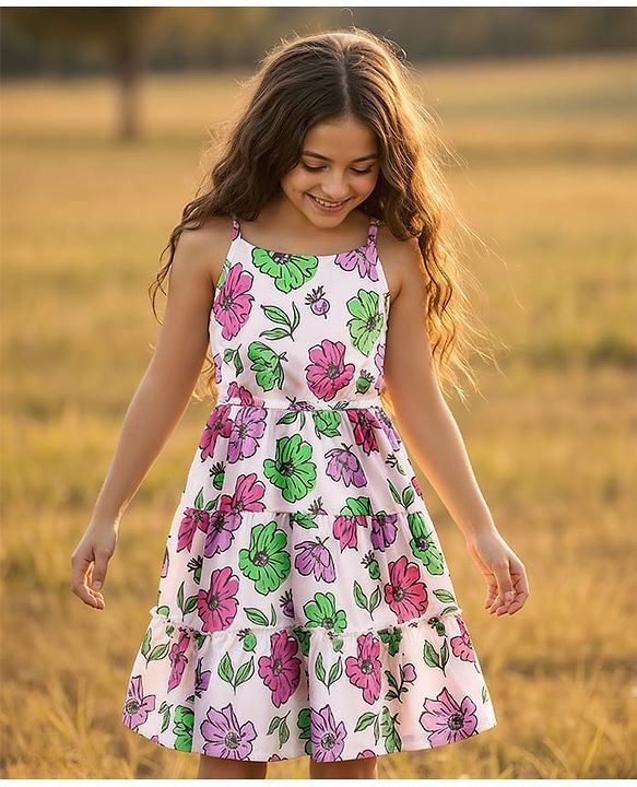 Pine Kids Cotton Knit Sleeveless Tiered Floral Printed Frock - White