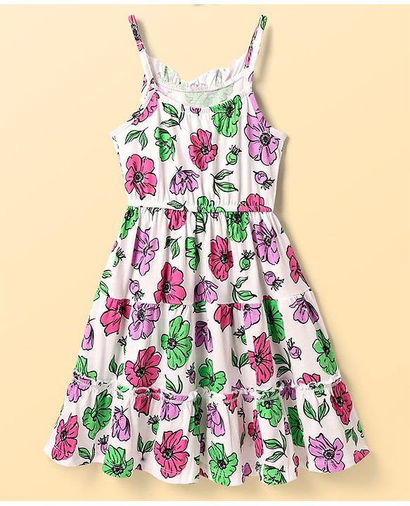 Pine Kids Cotton Knit Sleeveless Tiered Floral Printed Frock - White