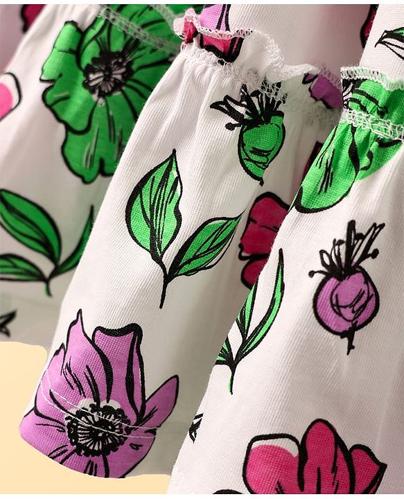 Pine Kids Cotton Knit Sleeveless Tiered Floral Printed Frock - White