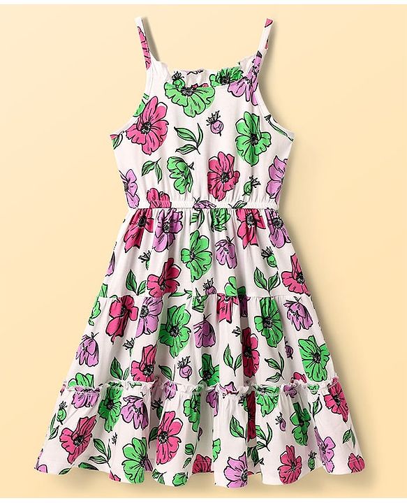 Pine Kids Cotton Knit Sleeveless Tiered Floral Printed Frock - White
