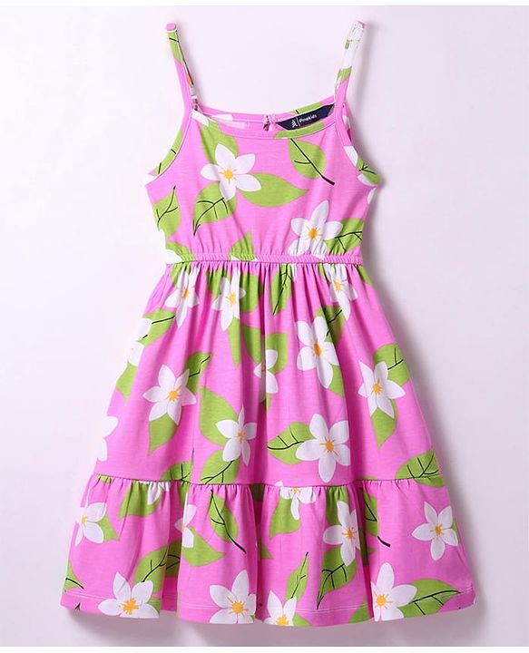 Pine Kids Cotton Knit Singlet Frock with Floral Print - Green
