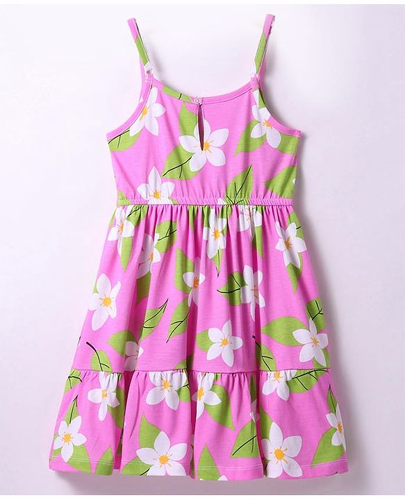 Pine Kids Cotton Knit Singlet Frock with Floral Print - Green